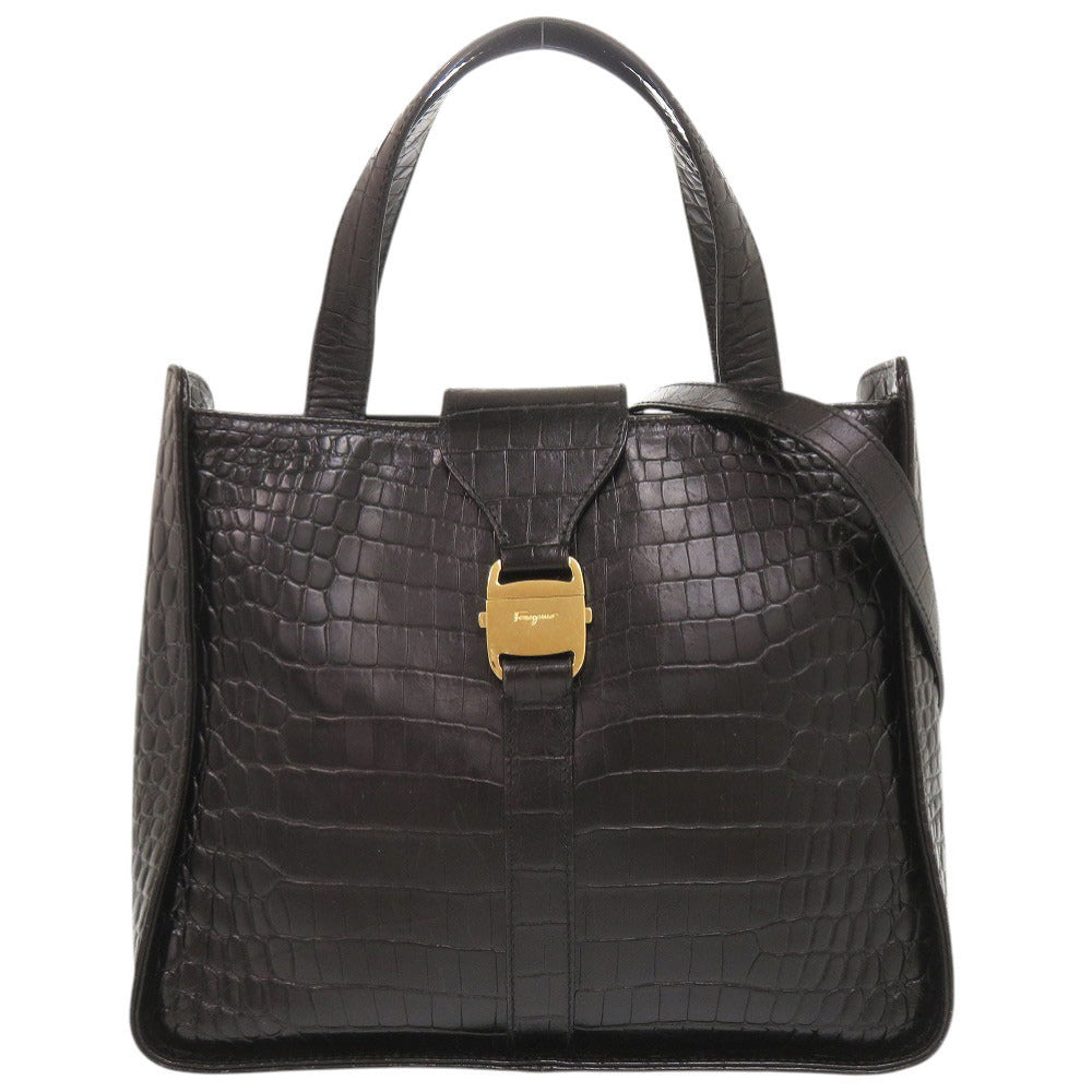 サルヴァトーレフェラガモ 型押しレザー ブラック 2WAY ハンドバッグ ショルダーバッグ 黒 1272【中古】Salvatore Ferragamo