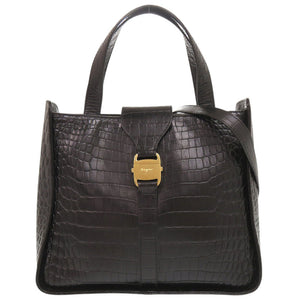 サルヴァトーレフェラガモ 型押しレザー ブラック 2WAY ハンドバッグ ショルダーバッグ 黒 1272【中古】Salvatore Ferragamo