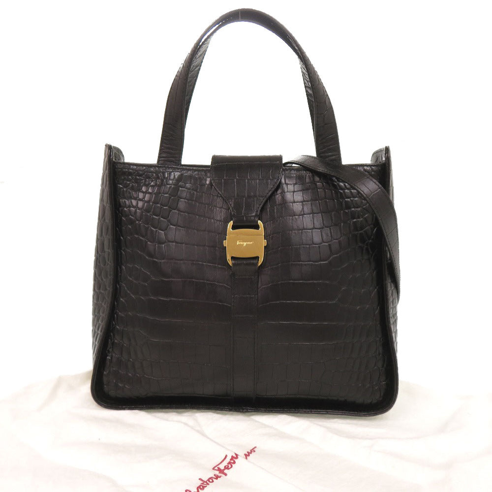 サルヴァトーレフェラガモ 型押しレザー ブラック 2WAY ハンドバッグ ショルダーバッグ 黒 1272【中古】Salvatore Ferragamo