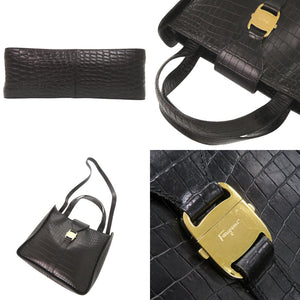 サルヴァトーレフェラガモ 型押しレザー ブラック 2WAY ハンドバッグ ショルダーバッグ 黒 1272【中古】Salvatore Ferragamo