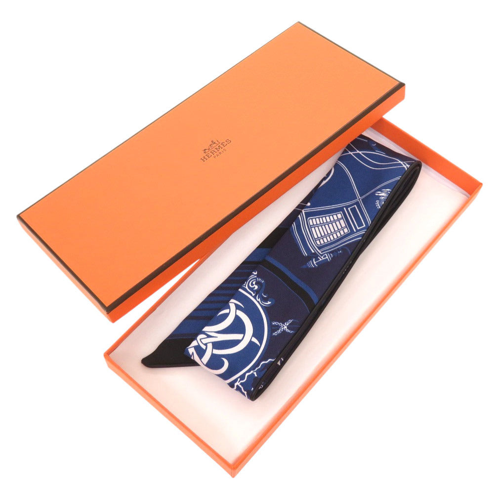 未使用 エルメス ツイリー エクスリブリス Ex-Libris マリン ブラック ホワイト シルク 1509 【中古】 HERMES