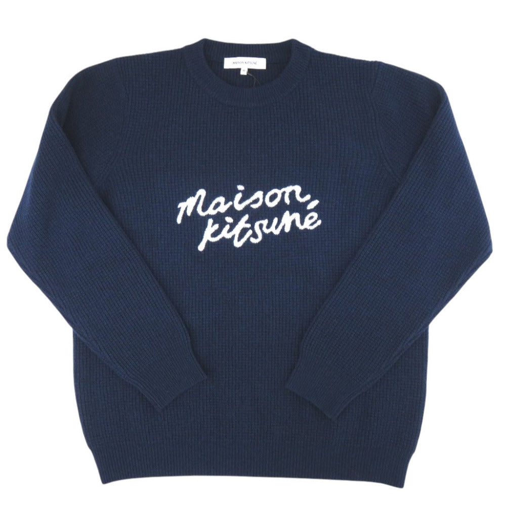 未使用 メゾンキツネ ハンドライティングロゴ刺繍 クルーネック ウール サイズXS ネイビー ニット セーター 1636【中古】MAISON KITSUNE メンズ