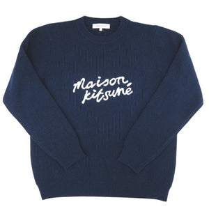 未使用 メゾンキツネ ハンドライティングロゴ刺繍 クルーネック ウール サイズXS ネイビー ニット セーター 1636【中古】MAISON KITSUNE メンズ