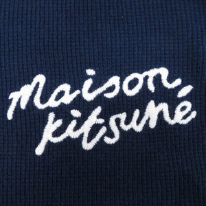 未使用 メゾンキツネ ハンドライティングロゴ刺繍 クルーネック ウール サイズXS ネイビー ニット セーター 1636【中古】MAISON KITSUNE メンズ