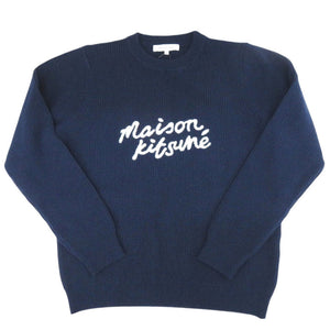 未使用 メゾンキツネ ハンドライティングロゴ刺繍 クルーネック ウール サイズXS ネイビー ニット セーター 1637【中古】MAISON KITSUNE メンズ