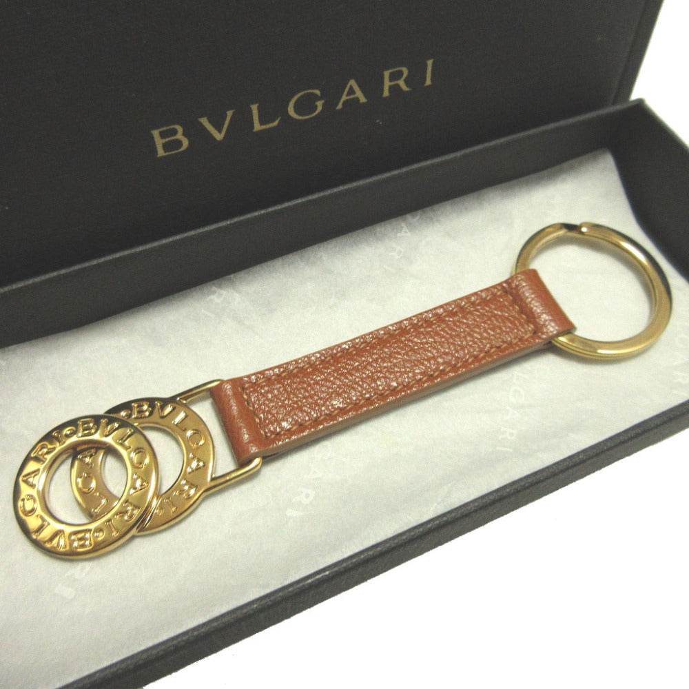 新品同様 ブルガリ ドッピオトンド レザー メタル ブラウン 茶 ゴールド キーホルダー キーリング 1655【中古】BVLGARI