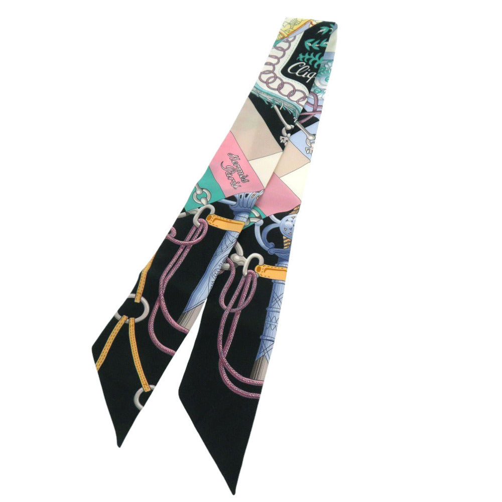 エルメス ツイリー Cliquetis シルク ブラック ペールブルー マルチカラー スカーフ 0773【中古】HERMES