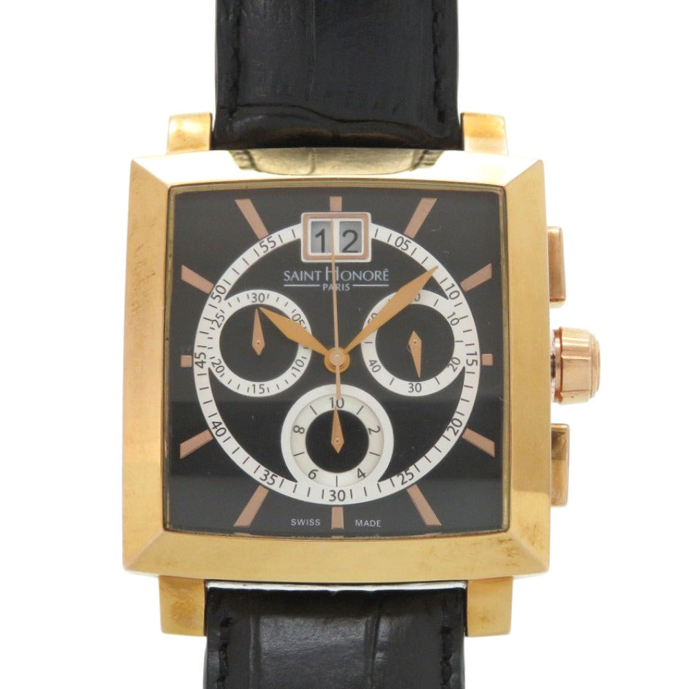 新品同様 サントノーレ 898027 8NIAR SS 型押しレザー ブラック ゴールド 黒文字盤 クオーツ 腕時計 0034【中古】SAINT HONORE