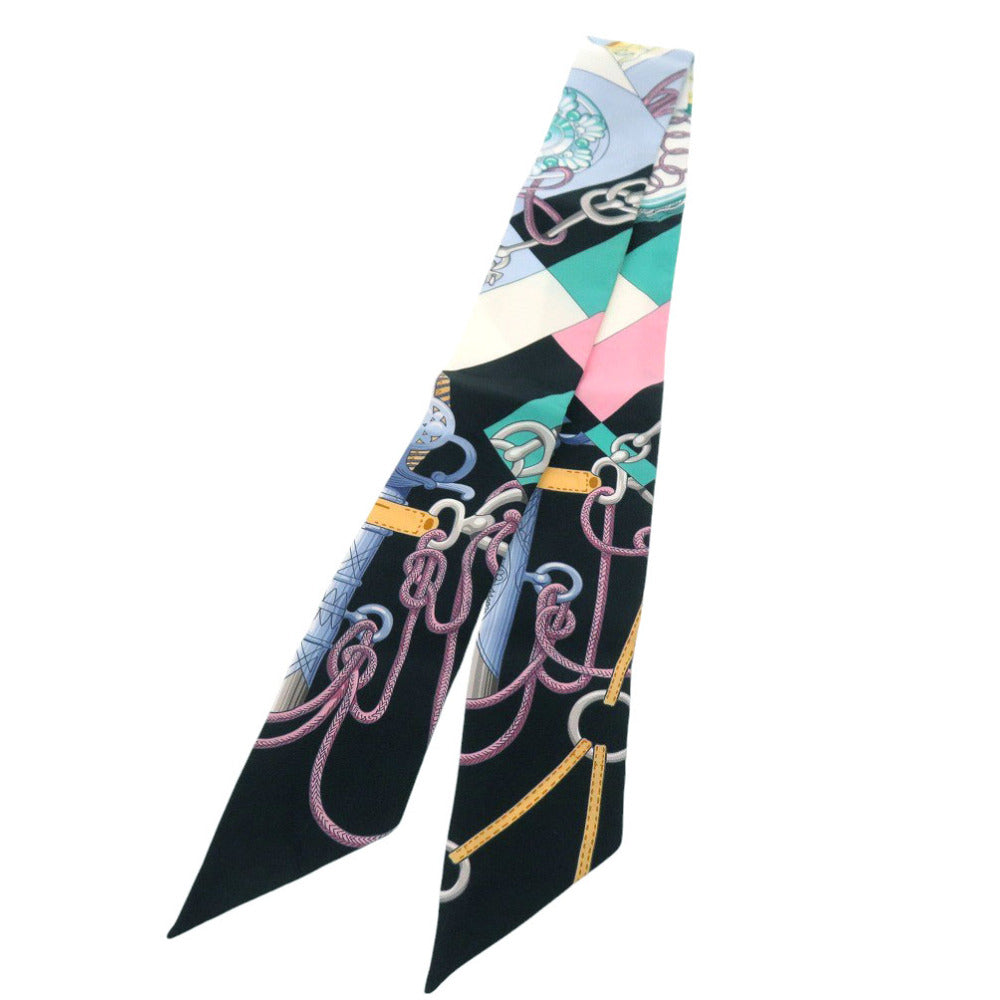 エルメス ツイリー Cliquetis シルク ブラック ペールブルー マルチカラー スカーフ 0773【中古】HERMES