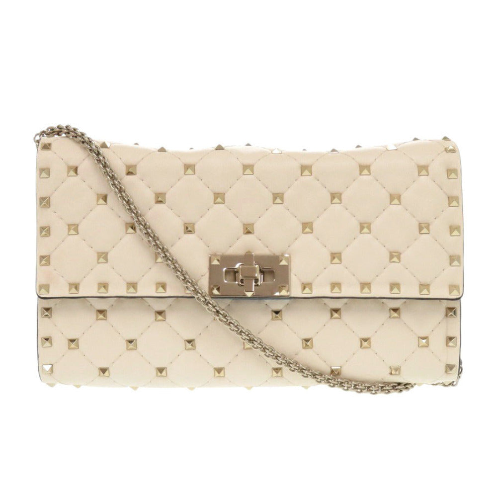 新品同様 ヴァレンティノ・ガラヴァーニ ロックスタッズ レザー ライトアイボリー ショルダーバッグ 1064【中古】Valentino Garavani