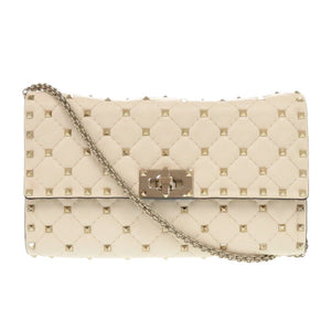 新品同様 ヴァレンティノ・ガラヴァーニ ロックスタッズ レザー ライトアイボリー ショルダーバッグ 1064【中古】Valentino Garavani