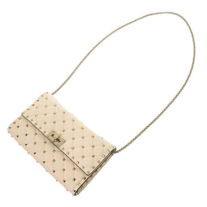 新品同様 ヴァレンティノ・ガラヴァーニ ロックスタッズ レザー ライトアイボリー ショルダーバッグ 1064【中古】Valentino Garavani