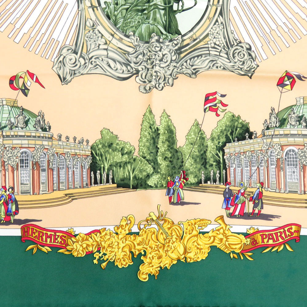 エルメス カレ90 サンスーシー宮殿 SANSSOUCY シルク グリーン ゴールド レッド スカーフ 0137【中古】HERMES