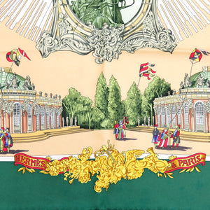 エルメス カレ90 サンスーシー宮殿 SANSSOUCY シルク グリーン ゴールド レッド スカーフ 0137【中古】HERMES