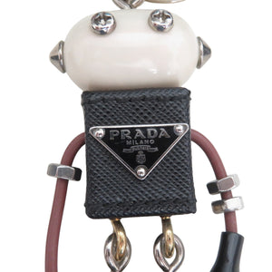 プラダ ロボット サフィアーノレザー バッグチャーム レザー シルバー金具 ブラック ゴールド レッド バッグチャーム 0391-3【中古】PRADA
