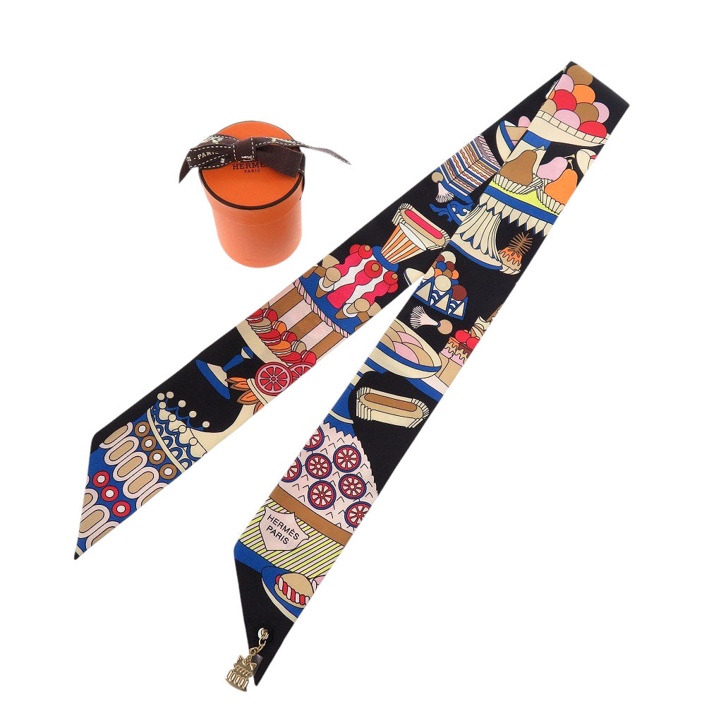 未使用 エルメス ツイリー チャーム パティスリー フランセーズ 853336S シルク ブラック スカーフ マルチカラー 1246【中古】HERMES