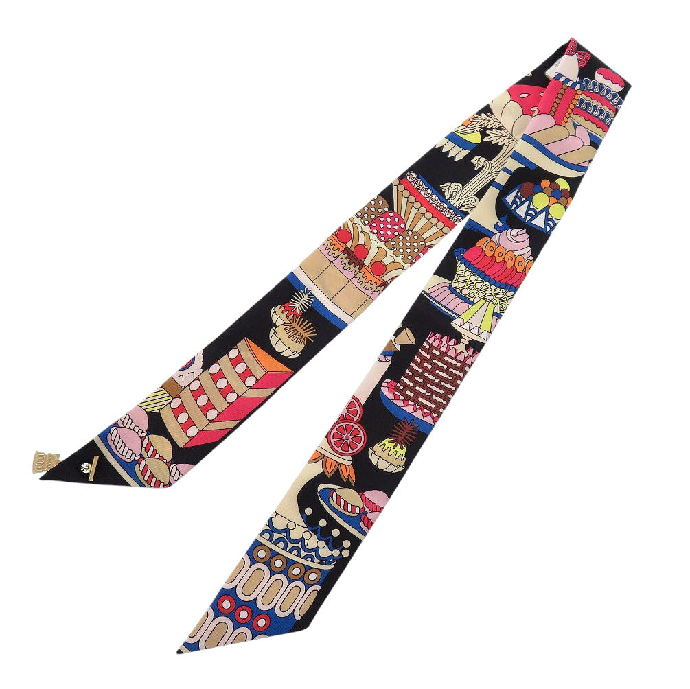 未使用 エルメス ツイリー チャーム パティスリー フランセーズ 853336S シルク ブラック スカーフ マルチカラー 1246【中古】HERMES