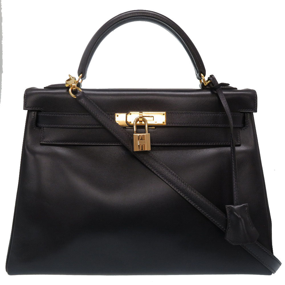 美品 エルメス ケリー32 内縫い ボックスカーフ ネイビー ゴールド金具 □E刻印 新金具 V金具 ハンドバッグ バッグ 紺 0130 【中古】 HERMES