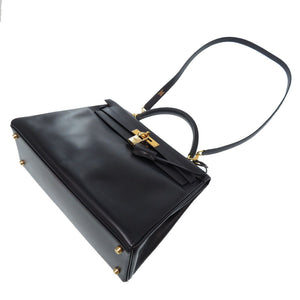 美品 エルメス ケリー32 内縫い ボックスカーフ ネイビー ゴールド金具 □E刻印 新金具 V金具 ハンドバッグ バッグ 紺 0130 【中古】 HERMES