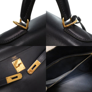 美品 エルメス ケリー32 内縫い ボックスカーフ ネイビー ゴールド金具 □E刻印 新金具 V金具 ハンドバッグ バッグ 紺 0130 【中古】 HERMES