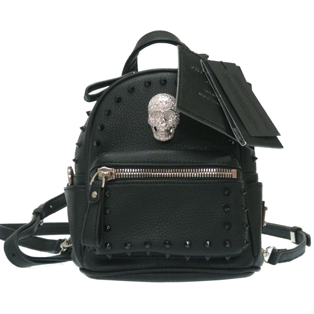 未使用 フィリップ プレイン スカル スタッズ レザー リュック バックパック ブラック 黒 0177【中古】PHILIPP PLEIN