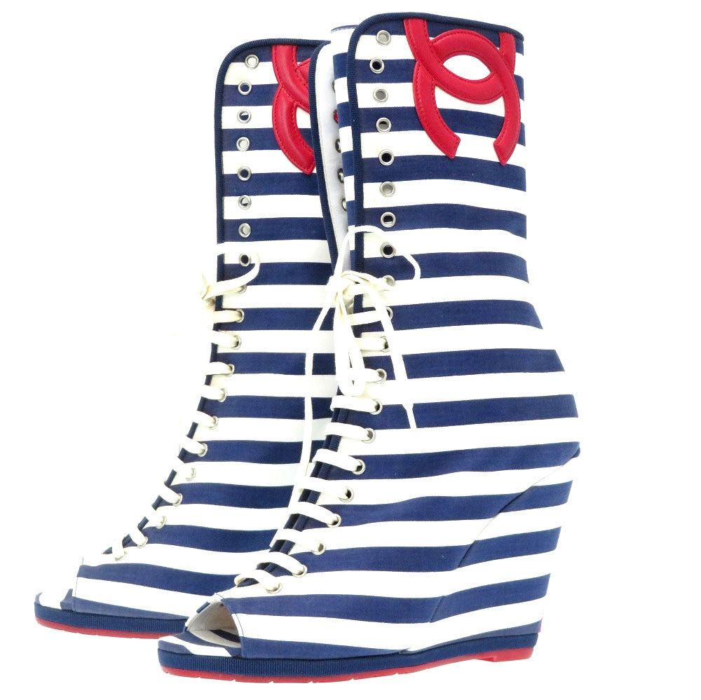 美品 シャネル ボーダー ココマーク オープントゥ キャンバス ブーツ サンダル ヴィンテージ サイズ 38 1/2 レディース 0164 【中古】 CHANEL