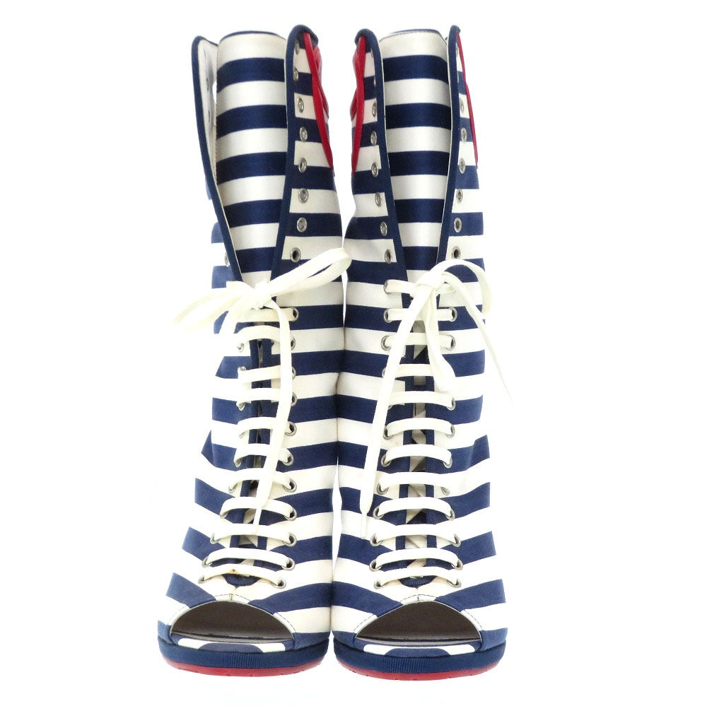 美品 シャネル ボーダー ココマーク オープントゥ キャンバス ブーツ サンダル ヴィンテージ サイズ 38 1/2 レディース 0164 【中古】 CHANEL