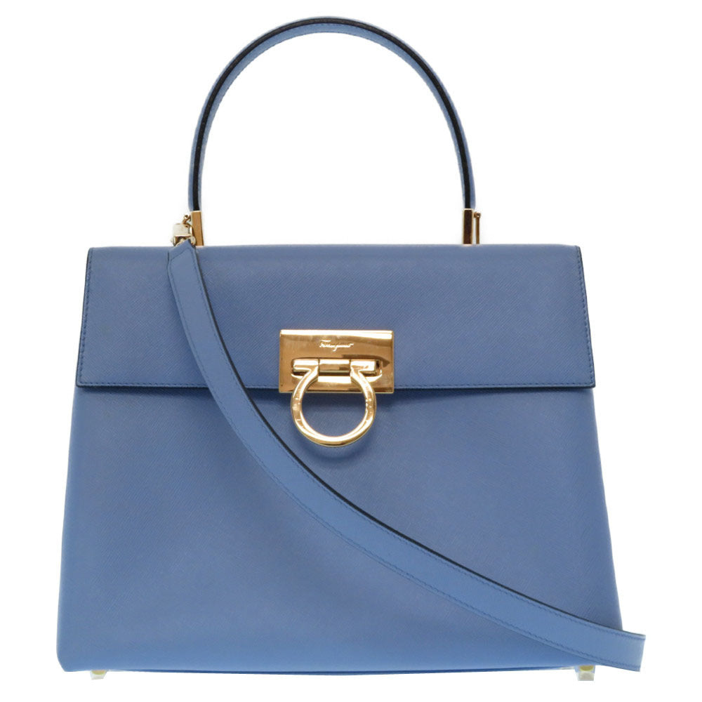 美品 フェラガモ ガンチーニ レザー ブルー 水色 2way ハンドバッグ ゴールド金具 0485 【中古】Ferragamo