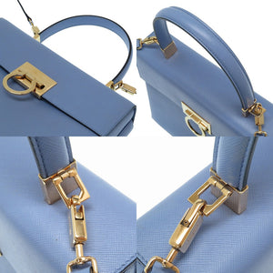 美品 フェラガモ ガンチーニ レザー ブルー 水色 2way ハンドバッグ ゴールド金具 0485 【中古】Ferragamo