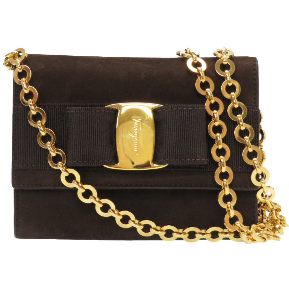 美品 サルヴァトーレ フェラガモ ヴァラ チェーン ショルダーバッグ 4Q-213202 スウェード ブラウン 0798【中古】Salvatore Ferragamo