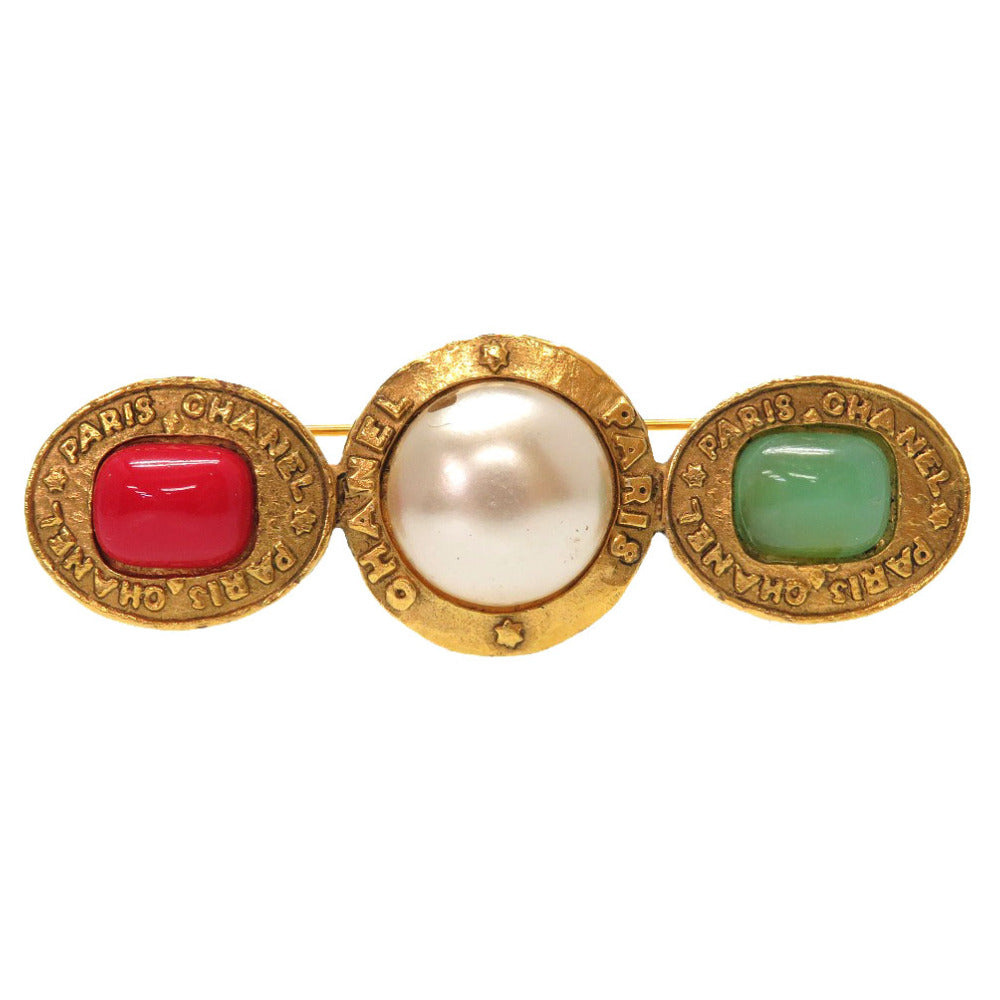 シャネル ヴィンテージ ロゴ ストーン フェイクパール レッド グリーン ゴールド ブローチ アクセサリー 0801 【中古】 CHANEL
