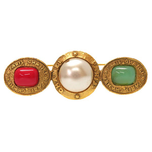 シャネル ヴィンテージ ロゴ ストーン フェイクパール レッド グリーン ゴールド ブローチ アクセサリー 0801 【中古】 CHANEL