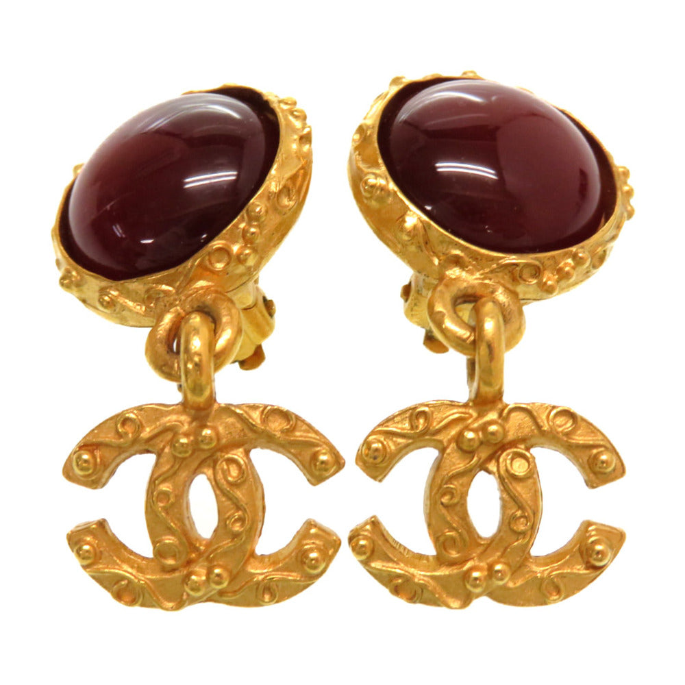 美品 シャネル ココマーク カラーストーン ゴールド イヤリング ワインレッド アクセサリー 0097【中古】CHANEL
