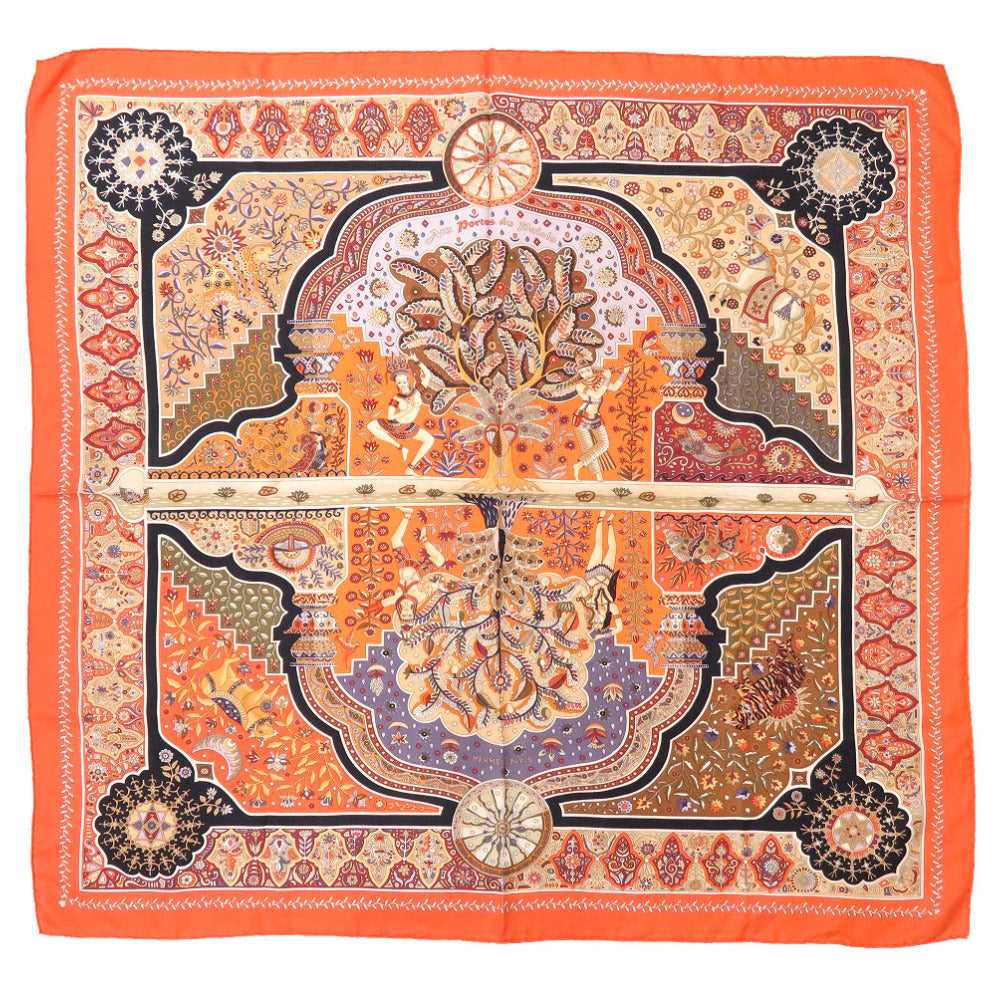 美品 エルメス カレ90 Aux Portes du Palais 王宮の扉 シルク オレンジ スカーフ 0105 【中古】 HERMES
