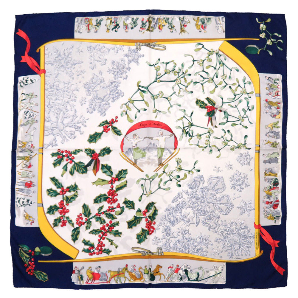 美品 エルメス カレ90 Neige d'Antan 去年の雪 シルク ホワイト スカーフ 白 紺 0037 【中古】 HERMES