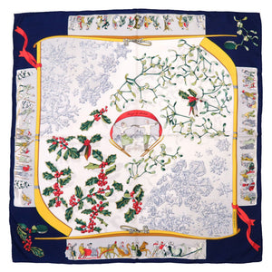 美品 エルメス カレ90 Neige d'Antan 去年の雪 シルク ホワイト スカーフ 白 紺 0037 【中古】 HERMES