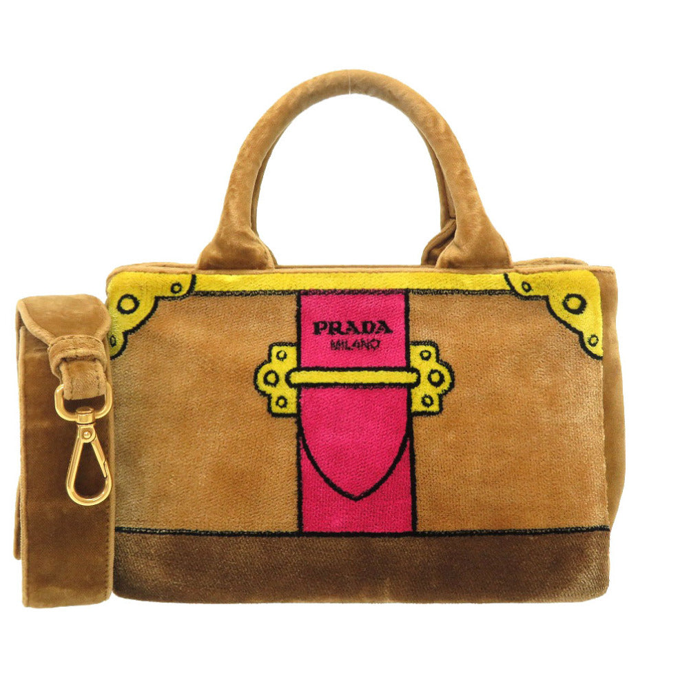 美品 プラダ ミニ カナパ ベルベット ベルトモチーフ 1BA038 2WAY ハンドバッグ バッグ 茶 0020 【中古】 PRADA