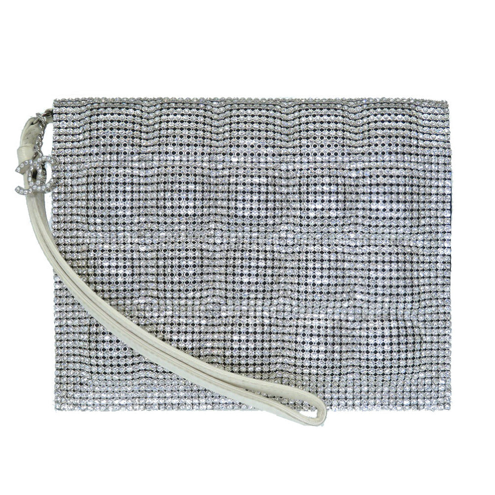 美品 シャネル ラインストーン クラッチバッグ スワロフスキー/レザー シルバー セカンドバッグ 0070【中古】CHANEL