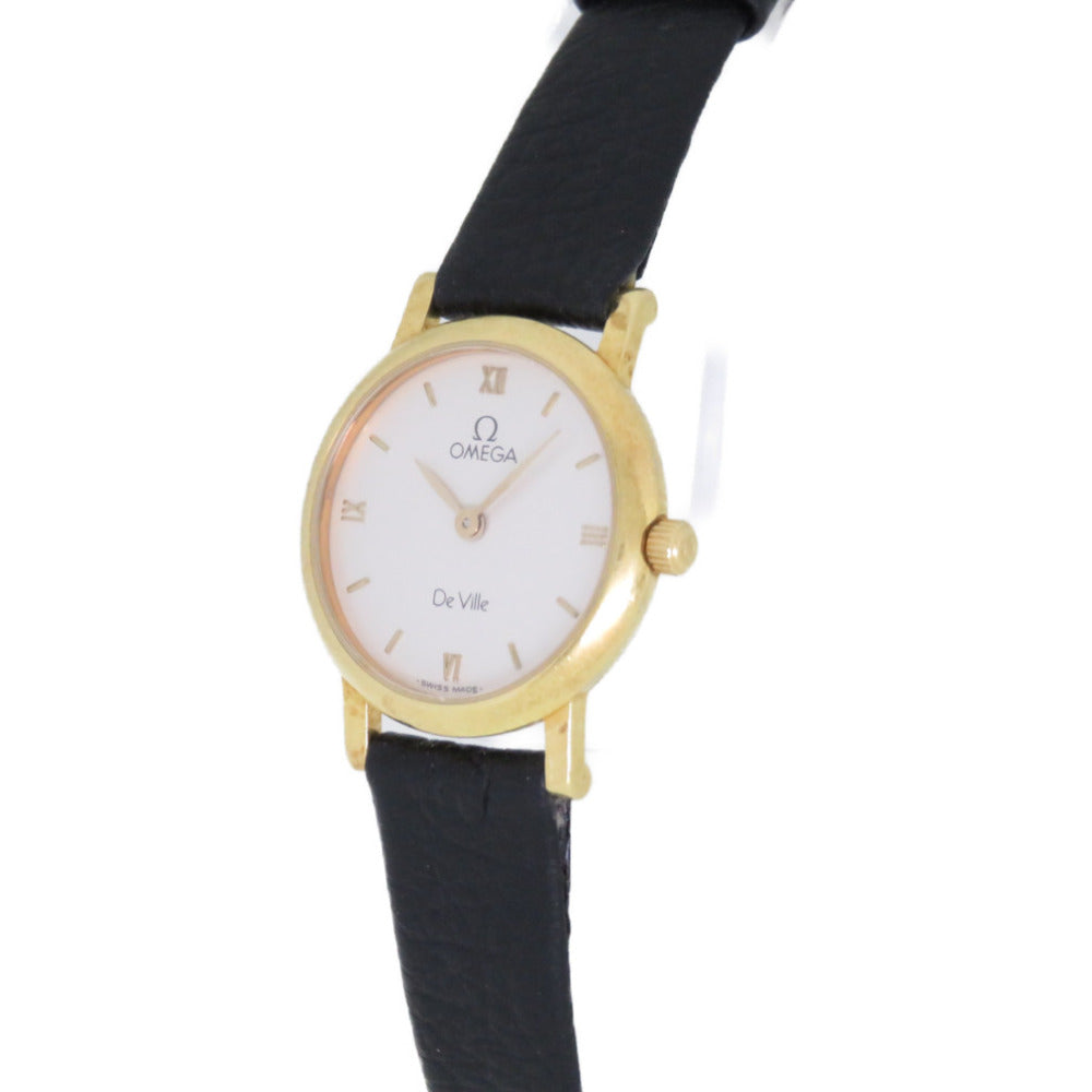 オメガ  デ・ヴィル デビル 金無垢 アンティーク Cal.1470 クオーツ 腕時計 K18YG/レザー ホワイト 白文字盤 0081【中古】OMEGA レディース