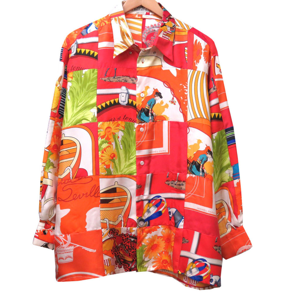 美品 エルメス シルク パッチワーク 長袖シャツ レッド サイズ46 メンズ 0069【中古】HERMES