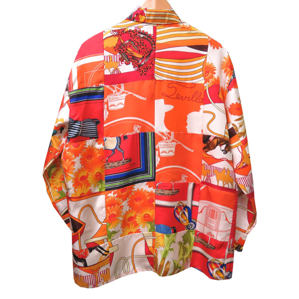 美品 エルメス シルク パッチワーク 長袖シャツ レッド サイズ46 メンズ 0069【中古】HERMES