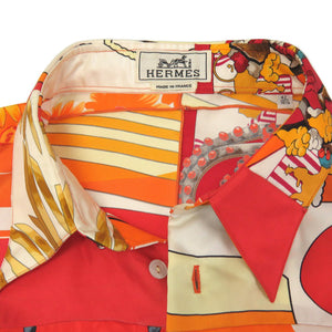 美品 エルメス シルク パッチワーク 長袖シャツ レッド サイズ46 メンズ 0069【中古】HERMES
