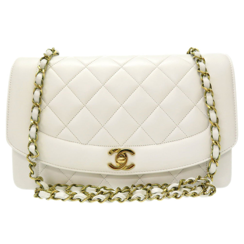 シャネル ダイアナ 25 ミディアム マトラッセ ラムスキン ホワイト ゴールドチェーン ショルダーバッグ 2番台 ココマーク ターンロック バッグ 白 0122 【中古】 CHANEL