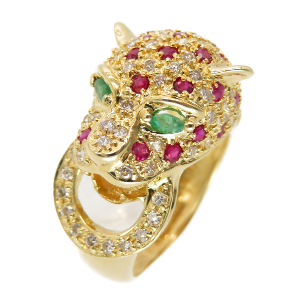 美品 K18YG パンサー リング ルビー 1.00ct / ダイヤ 0.79ct / エメラルド 0.10ct  指輪 イエローゴールド/ダイヤモンド 12号 ジュエリー アクセサリー 0126【中古】レディース