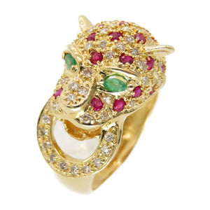 美品 K18YG パンサー リング ルビー 1.00ct / ダイヤ 0.79ct / エメラルド 0.10ct  指輪 イエローゴールド/ダイヤモンド 12号 ジュエリー アクセサリー 0126【中古】レディース