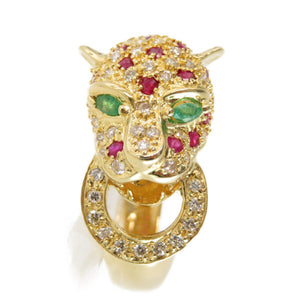 美品 K18YG パンサー リング ルビー 1.00ct / ダイヤ 0.79ct / エメラルド 0.10ct  指輪 イエローゴールド/ダイヤモンド 12号 ジュエリー アクセサリー 0126【中古】レディース