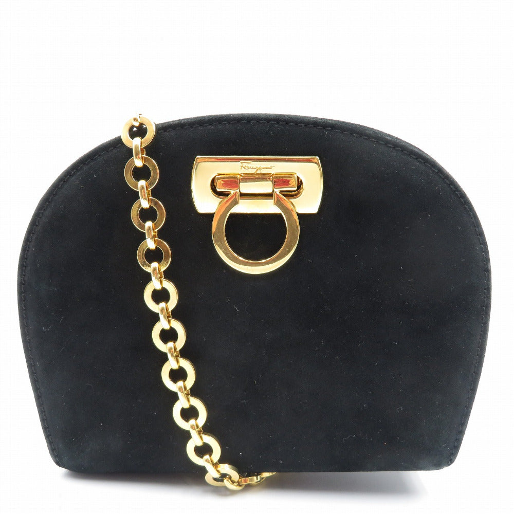 フェラガモ ガンチーニ チェーンショルダーバッグ ブラック スウェード ゴールド金具 0164【中古】Salvatore Ferragamo