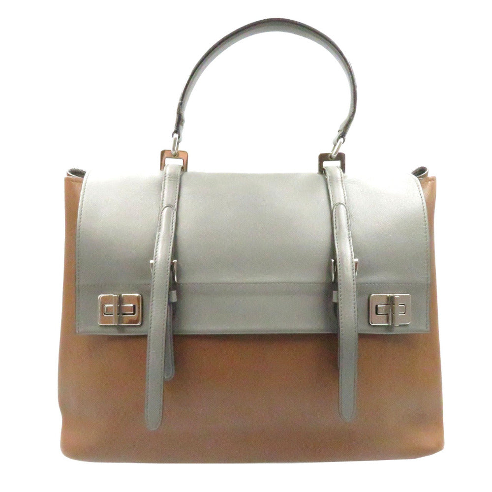 プラダ バイカラー ブラウン グレー レザー シルバー金具 ハンドバッグ バッグ 灰色 茶 0096 【中古】 PRADA