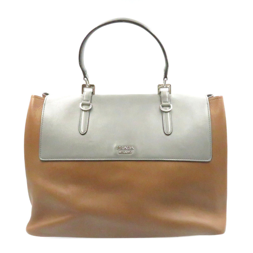 プラダ バイカラー ブラウン グレー レザー シルバー金具 ハンドバッグ バッグ 灰色 茶 0096 【中古】 PRADA