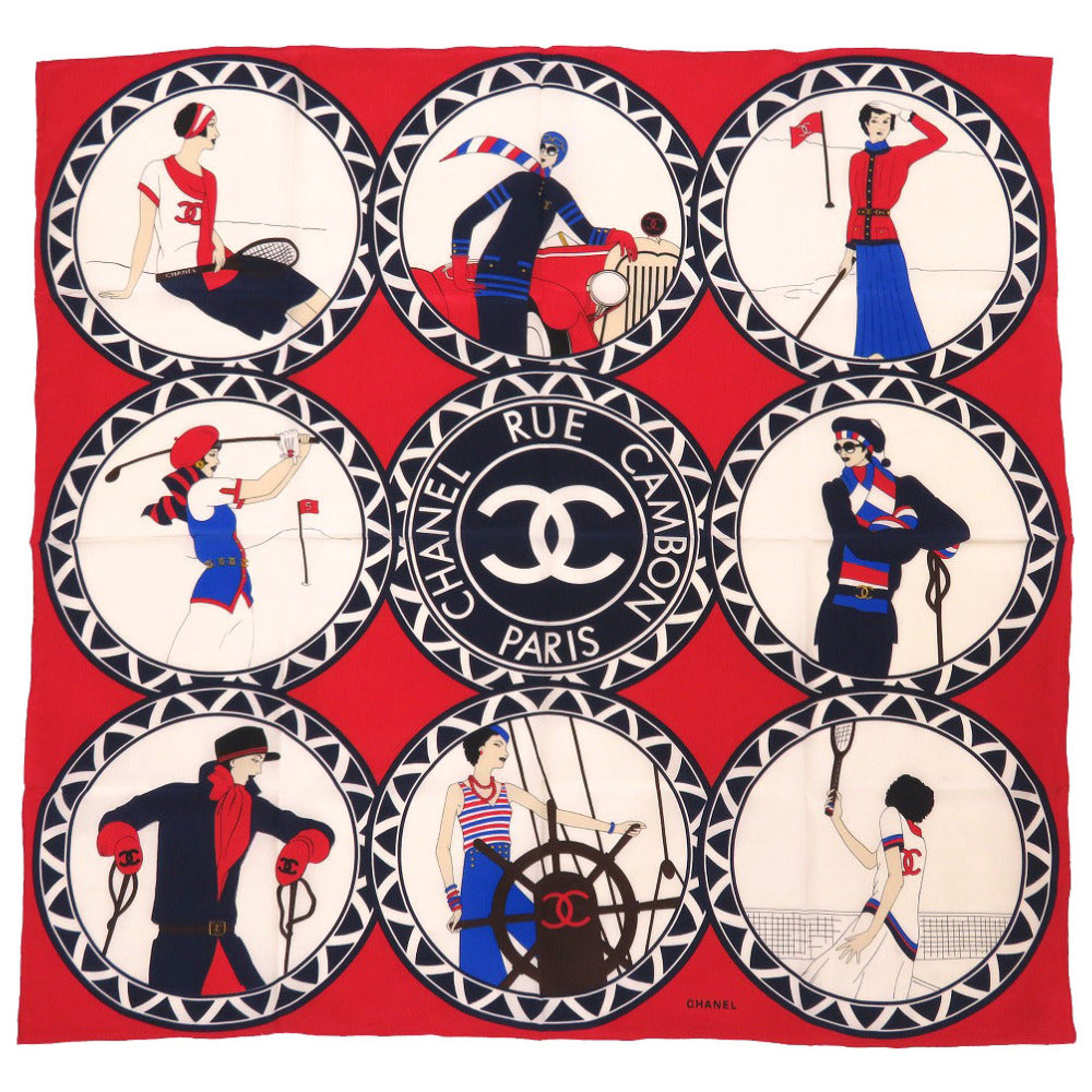 美品 シャネル ココシャネル ココマーク レッド ネイビー ホワイト シルクサテン スカーフ 0246 【中古】 CHANEL